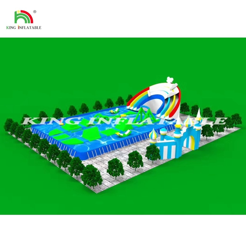 বাণিজ্যিক জল খেলার সরঞ্জাম মোবাইল ল্যান্ড বড়দের জন্য বড় পুল স্লাইড সহ ইনফ্ল্যাটেবল গ্রাউন্ড ওয়াটার পার্ক